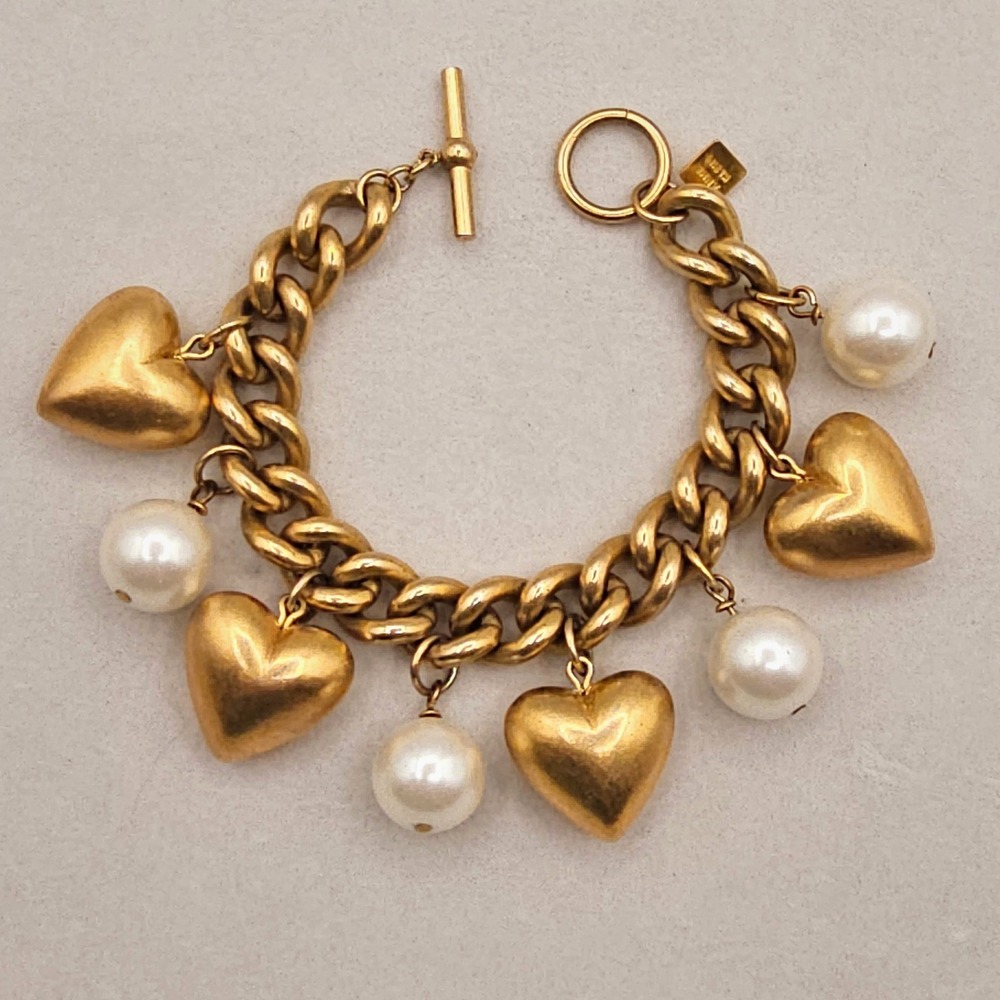 Anne Klein Puffy Heart Charm Bracelet Faux Pearl Chunky Gold Tone Chain 6.5in.